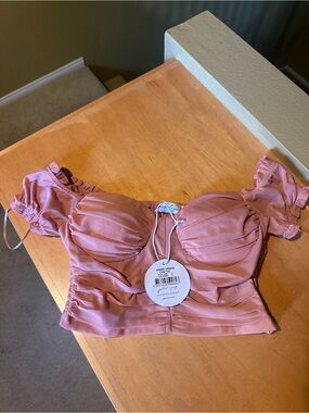 Petal & Pup Dusty Pink Ruched Crop Top with Puff Sleeves